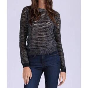 NEW MINNIE ROSE cotton cashmere plaited mesh studded crew sweater in black/white